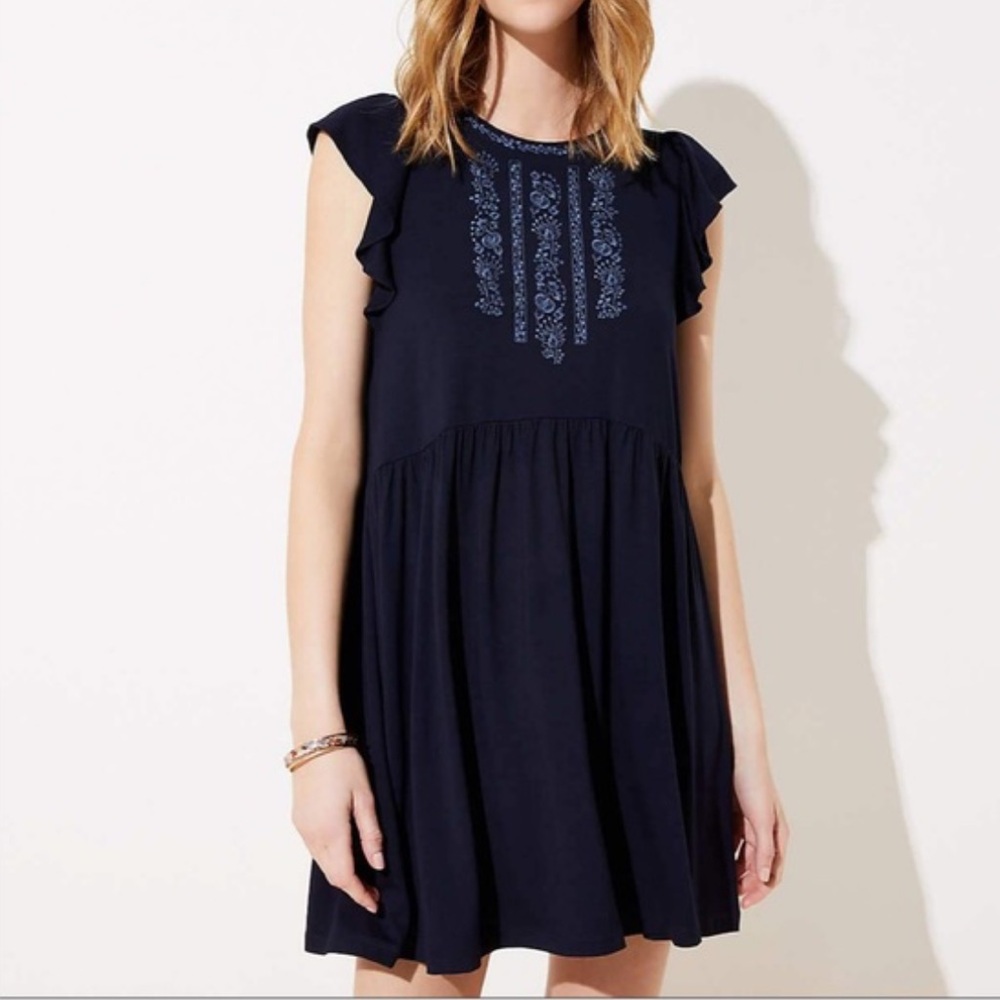 Ann‎ Taylor LOFT Floral Embroidered Tie Back Swing Mini Dress Navy Blue Small S